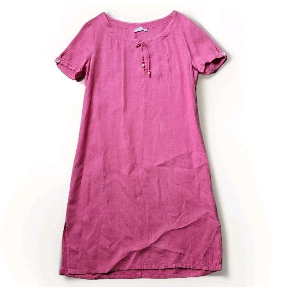 Hot Cotton 100% Linen Shift Dress Boho Tunic Pink Size Medium Coastal Lagenlook